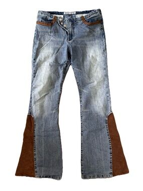 Women's Flare Jeans with Brown Suede Panels - Denim